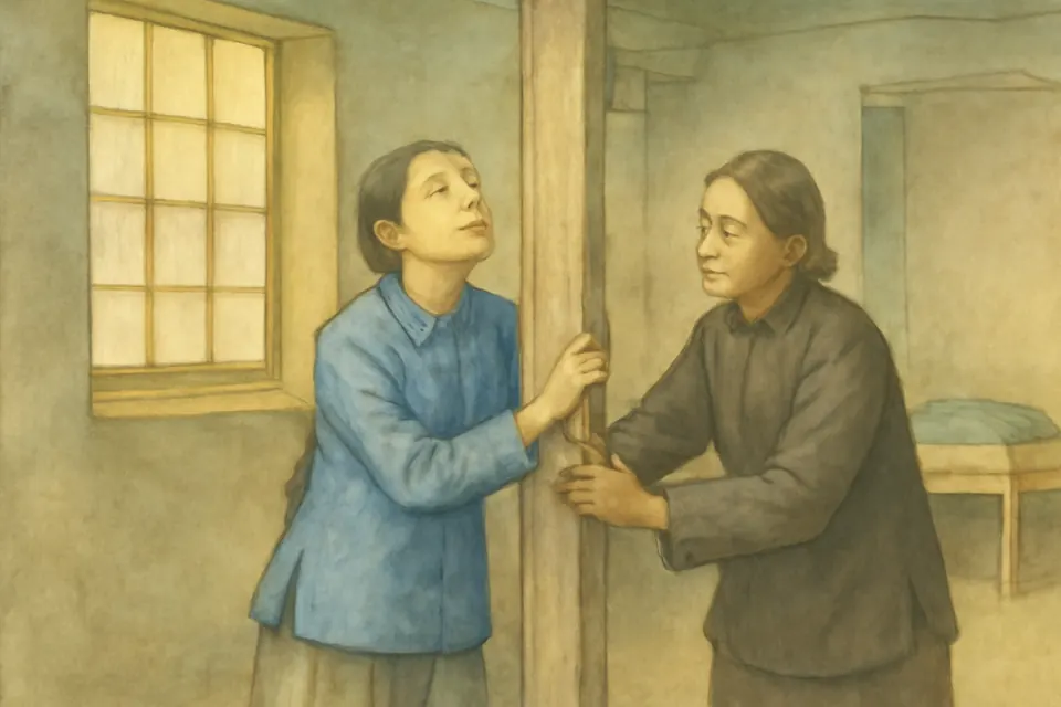 Watercolor-style illustration of a girl gripping a wooden door frame while an older woman pulls at her arm