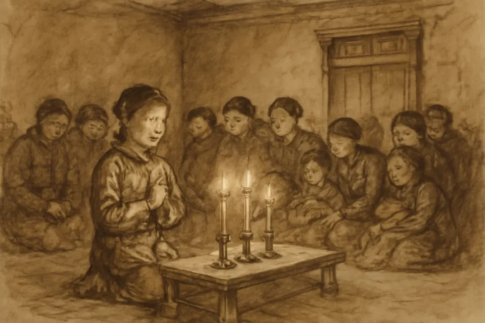 Ink-drawing-style illustration of a teenage girl leading women and children in evening prayer by candlelight in a bare locked room