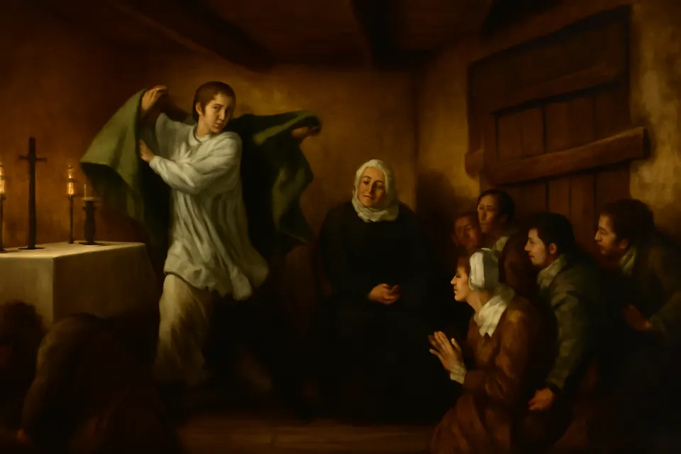 Painting-style scene of a London room in 1601 where Catholics gather for Mass as men batter at the barred door and a priest hurriedly takes off his vestments