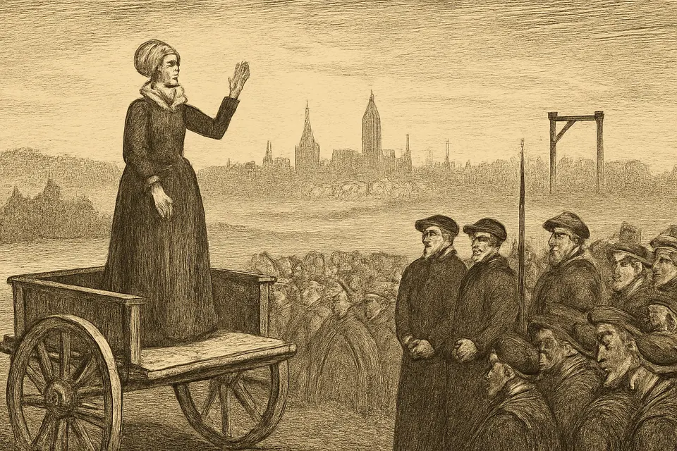 Engraving-style scene of a frail widow in a black dress and white coif speaking calmly to a crowd at Tyburn in 1601
