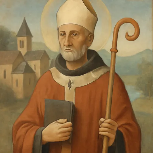 Fresco-style portrait of St. Ansbert of Rouen as a Frankish bishop with a gray beard, in a white miter and red chasuble, holding a crozier and a book