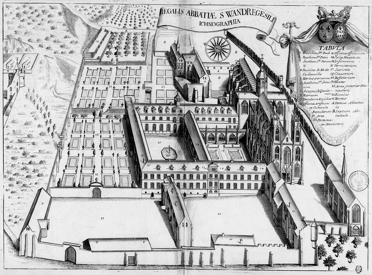 A bird's-eye engraving of a great walled abbey with a long church, cloisters, courtyards and formal gardens, with a numbered key at the side