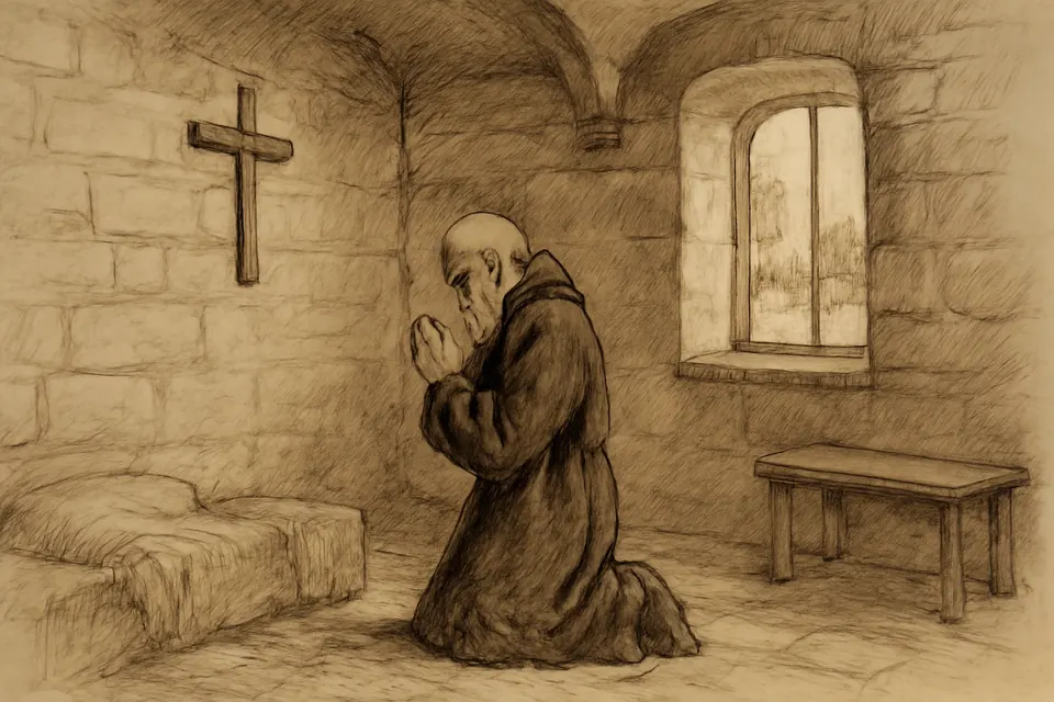 Ink drawing of an old bishop in a plain monk's habit praying alone in a small abbey cell beside a river