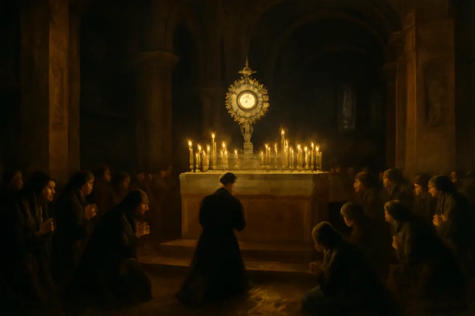 Oil-painting-style scene of people kneeling in prayer before a monstrance surrounded by many candles in a dim church