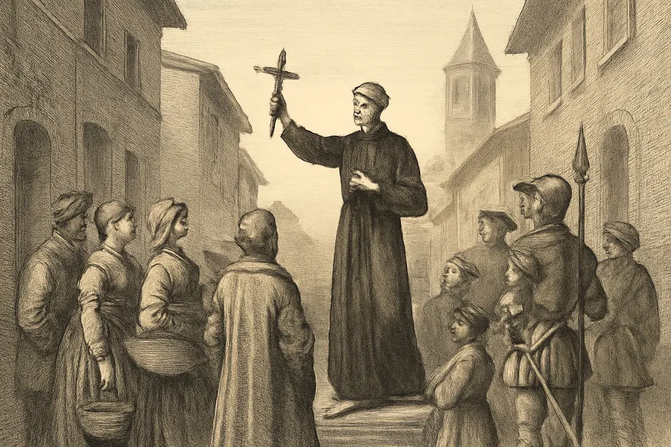 Engraving-style scene of a young priest holding up a crucifix and preaching to a crowd in a Renaissance street in Milan