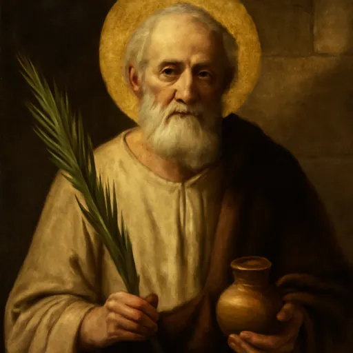 Oil-painting-style portrait of St. Anthony of Antioch, an elderly early Christian priest with a white beard in a simple white tunic and dark cloak, holding a martyr's palm and a small vessel of water