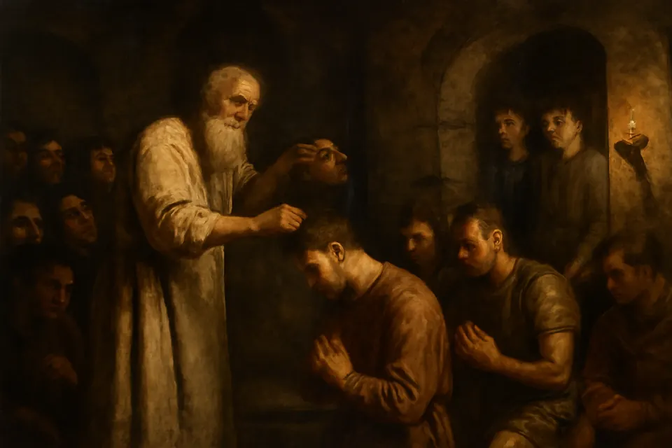 Oil-painting-style scene of an old priest pouring water over the head of a kneeling young man in a crowded prison while soldiers and others look on