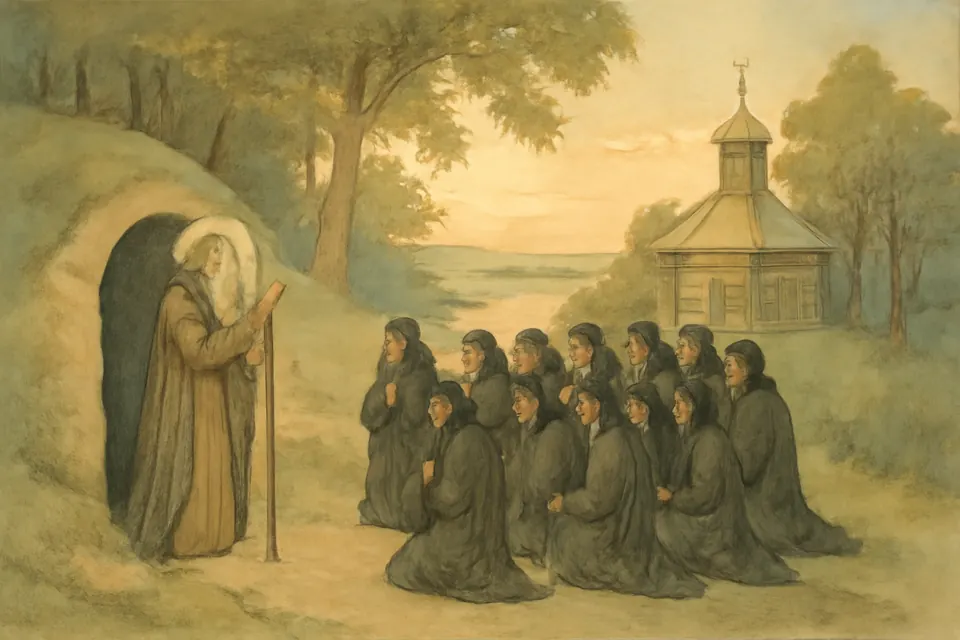 Watercolor-style scene of an old monk blessing a group of young monks outside a small wooden church on a hill above a river