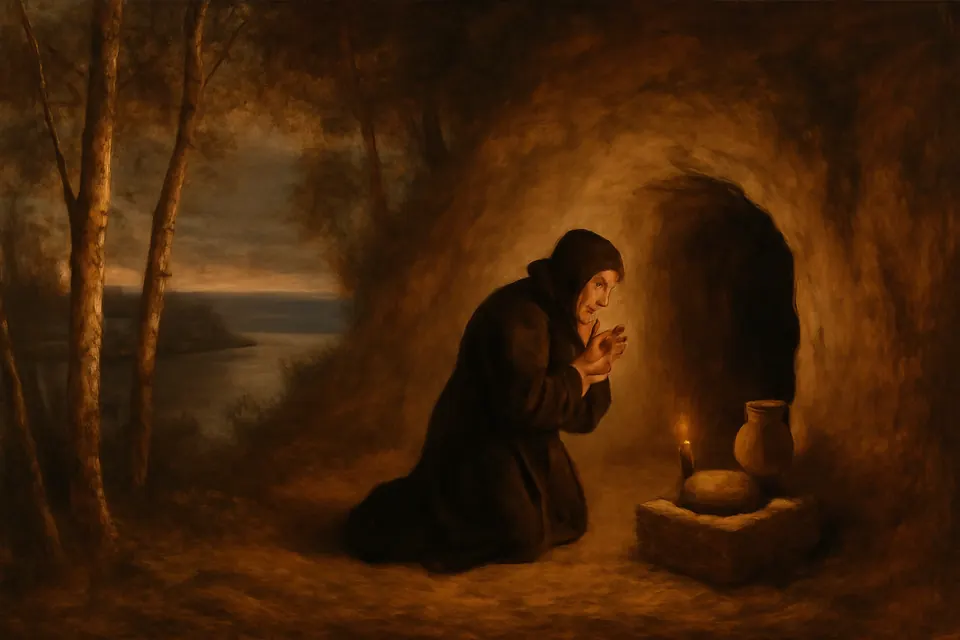 Oil-painting-style scene of an old monk praying by candlelight at the mouth of a cave dug into a hillside above a river