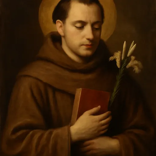 Oil-painting-style portrait of St. Anthony of Padua as a young tonsured friar in a brown Franciscan habit, holding a red book to his chest, with a white lily