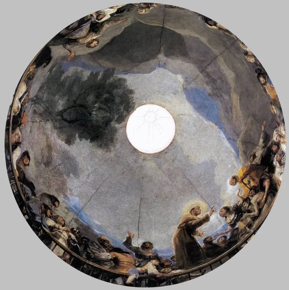 Circular dome fresco with a crowd of Madrid townspeople leaning on a painted railing around St. Anthony as he raises a dead man from a shroud