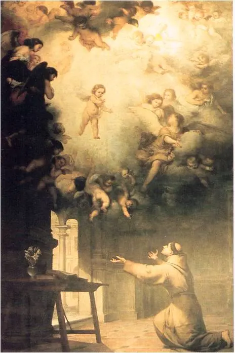 Large Baroque painting of St. Anthony kneeling with open arms in a dim room as the Christ Child descends toward him in a burst of golden light surrounded by angels