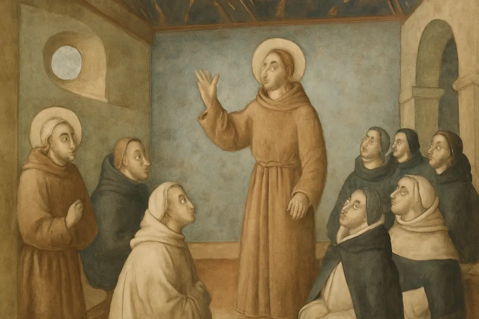 Illustration of the young friar Anthony preaching unexpectedly to astonished Franciscan and Dominican friars at an ordination in Forlì