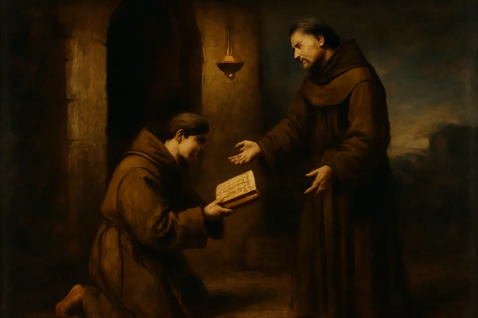 Illustration of a young novice returning the stolen psalter to St. Anthony at the door of a friary