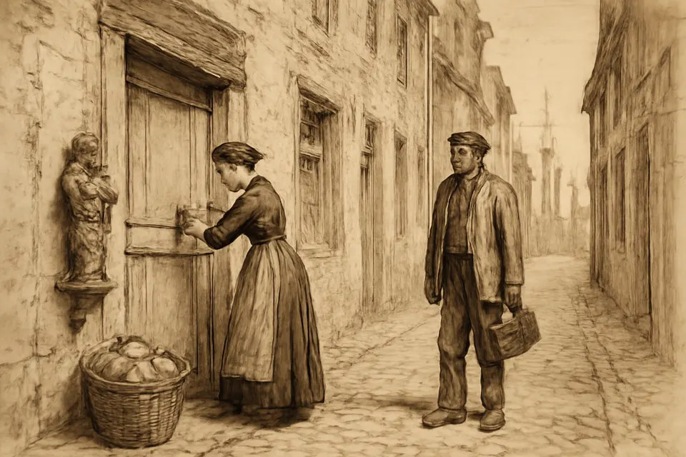 Illustration of Louise Bouffier opening her shop door in Toulon in 1890, with loaves set aside for the poor
