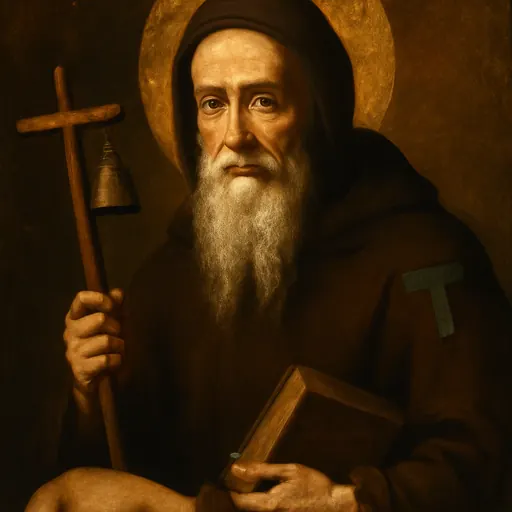 Oil-painting-style portrait of St. Anthony the Great as a very old hermit with a long white beard and a dark monk's habit, holding a tau-shaped staff hung with a small bell