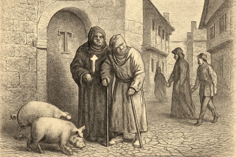 Illustration of a medieval Antonine brother in a black habit with a blue tau cross, caring for a sick man at a hospital door while pigs wear bells in the street