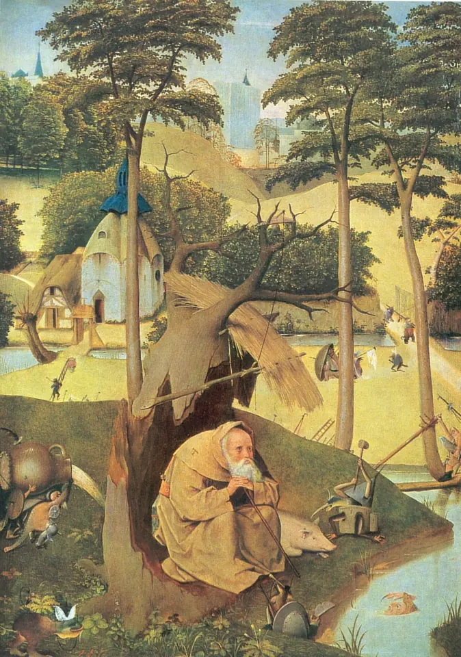 Painting of St. Anthony sitting quietly in prayer inside a hollow tree in a green landscape, while small strange creatures gather around him