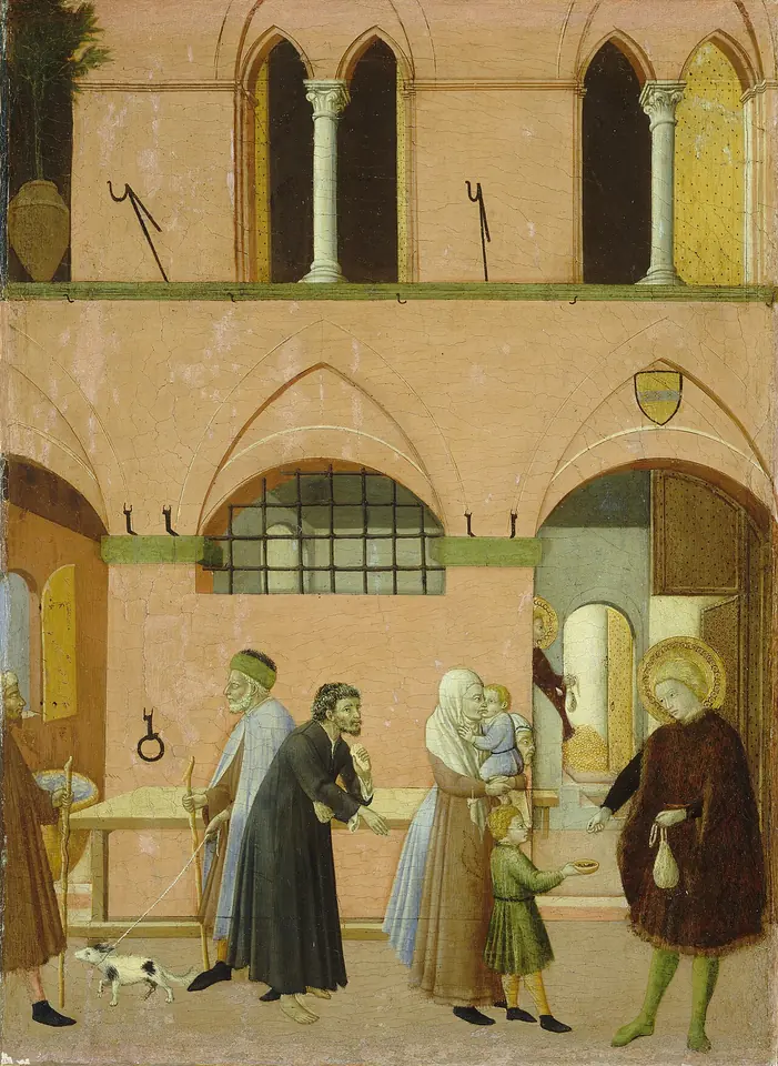 Early Renaissance panel of a young saint with a halo in a red tunic handing coins to poor men, women and children in the arcade of a pink town building