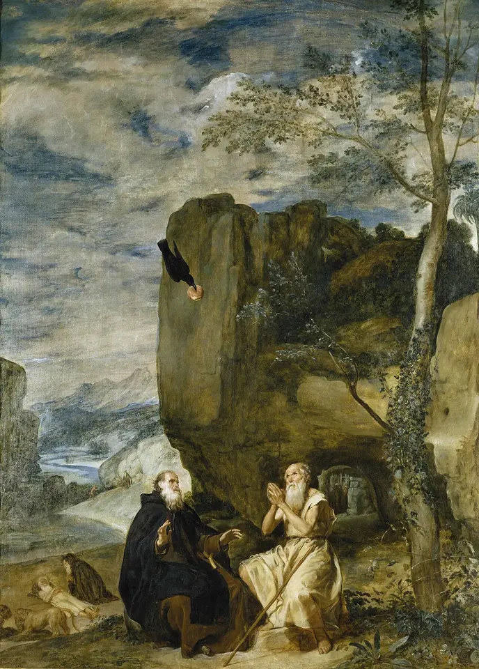 Velázquez painting of two old hermits seated before a huge rock in a wide landscape, one in a black habit and one in white, looking up as a raven flies down with a loaf of bread