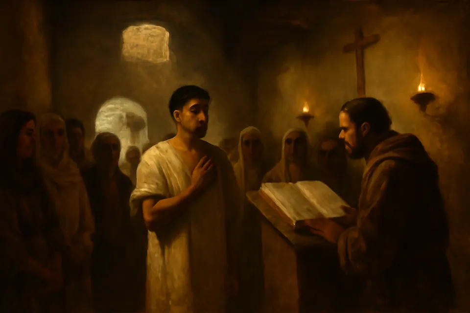 Illustration of the young Antony standing in a small Egyptian village church as a reader proclaims the Gospel from a lectern