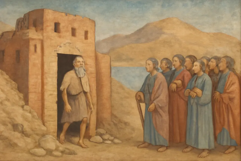 Illustration of Antony walking out of a ruined desert fort after twenty years alone, as a crowd of visitors stares at him