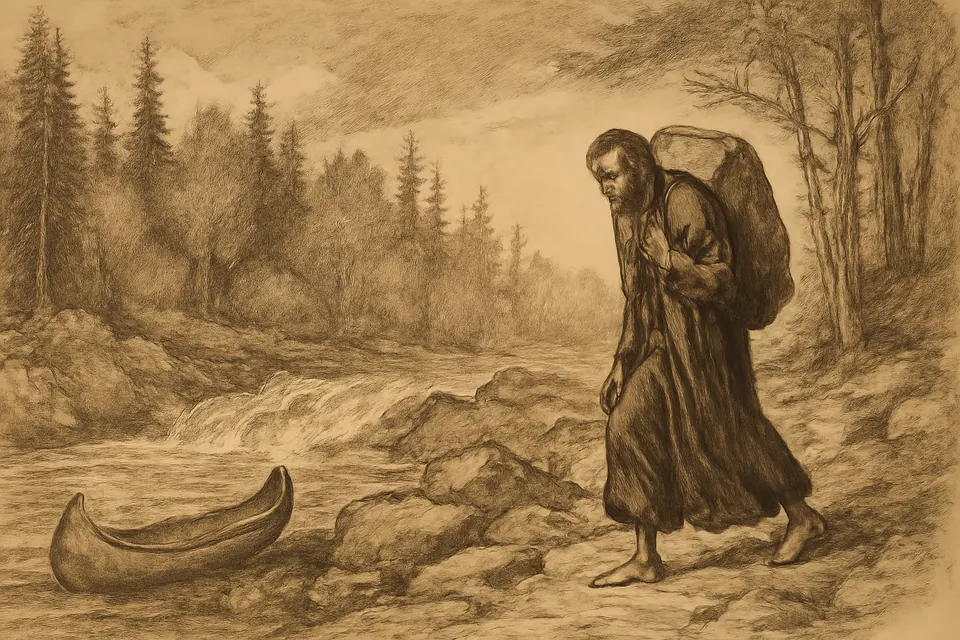 Ink-style scene of a lone priest in a black cassock carrying a pack along a rocky portage beside a river in the northern forest