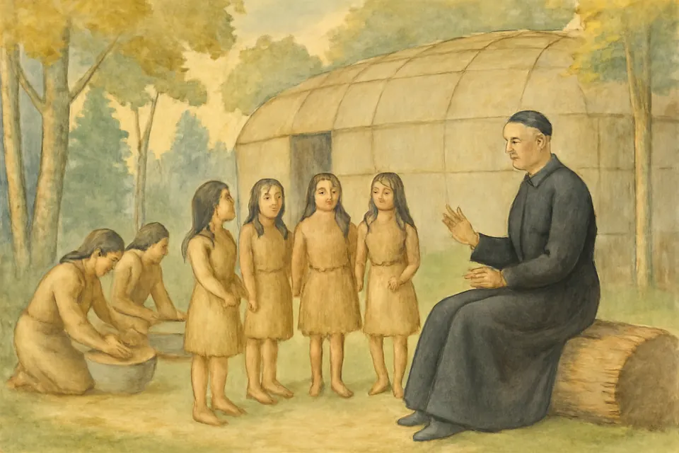 Watercolor-style scene of a Jesuit priest seated outside a bark longhouse teaching a circle of Huron children to sing