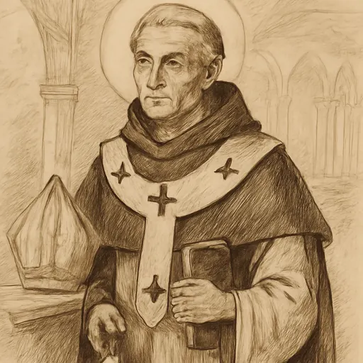 Ink-drawing-style portrait of St. Antoninus of Florence as a small, thin Dominican friar in a white habit and black cloak with an archbishop's pallium, holding a book