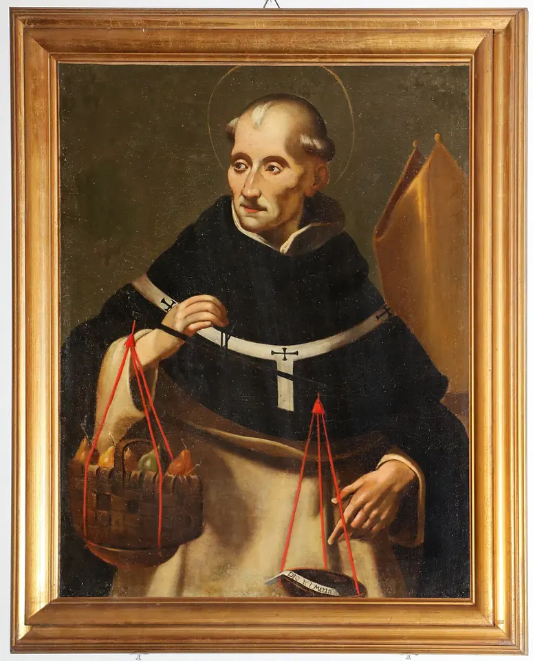 Painting of a Dominican archbishop with a halo holding a pair of red-corded scales, a basket of fruit in one pan and a small slip of paper in the other, with a miter behind him
