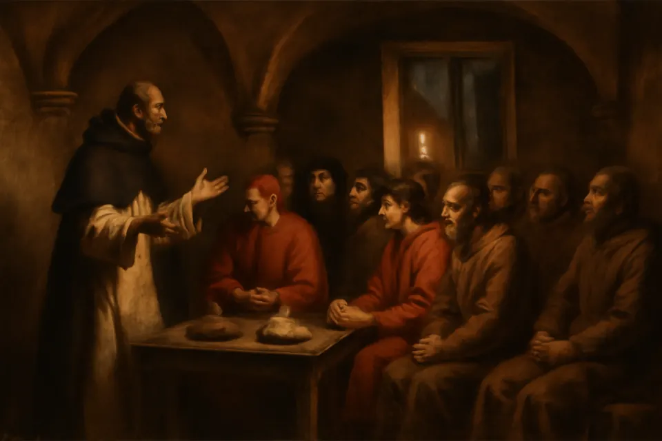 Painting-style scene of a small Dominican friar in a candlelit room speaking to a circle of twelve Florentine citizens, with a lit candle in the window