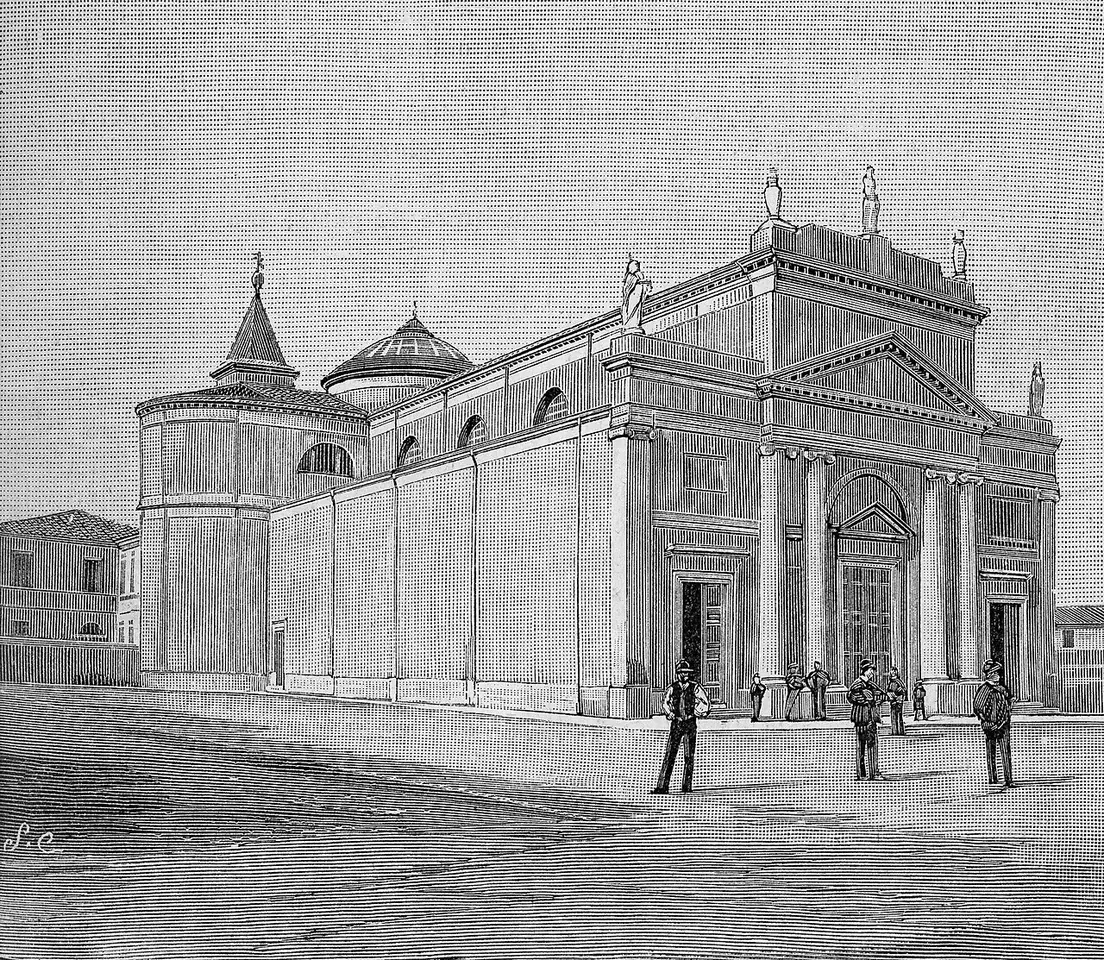 Nineteenth-century wood engraving of the Church of Sant'Andrea in Viareggio, a plain neoclassical church with a pedimented front and a small dome, with people standing in the open square before it