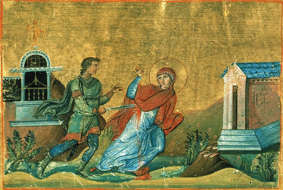 Byzantine manuscript miniature on a gold ground of a young soldier striking at a veiled woman in red and blue who falls back, between two small domed buildings