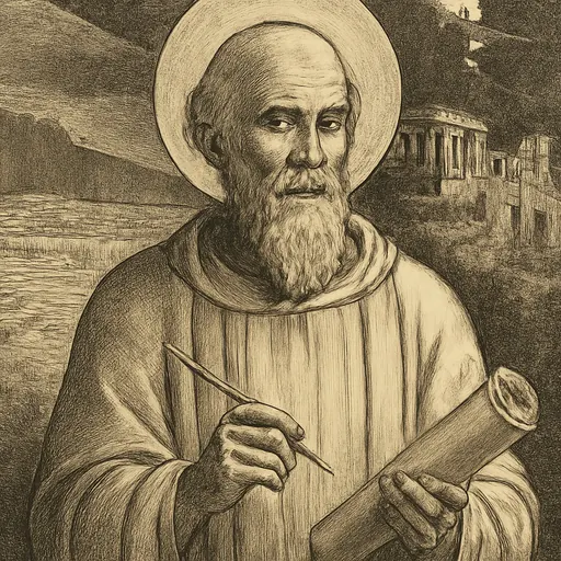 Engraving-style portrait of St. Apollinaris Claudius as an elderly bearded bishop of the second century holding a scroll, with a storm and lightning in the sky behind him