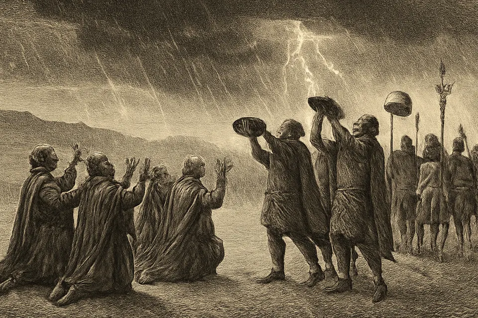 Engraving-style scene of Roman soldiers kneeling in prayer on a dry plain as storm clouds break and rain begins to fall