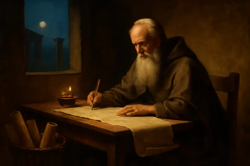 Oil-painting-style scene of an elderly bishop writing on a scroll by lamplight in a simple room of a Roman house