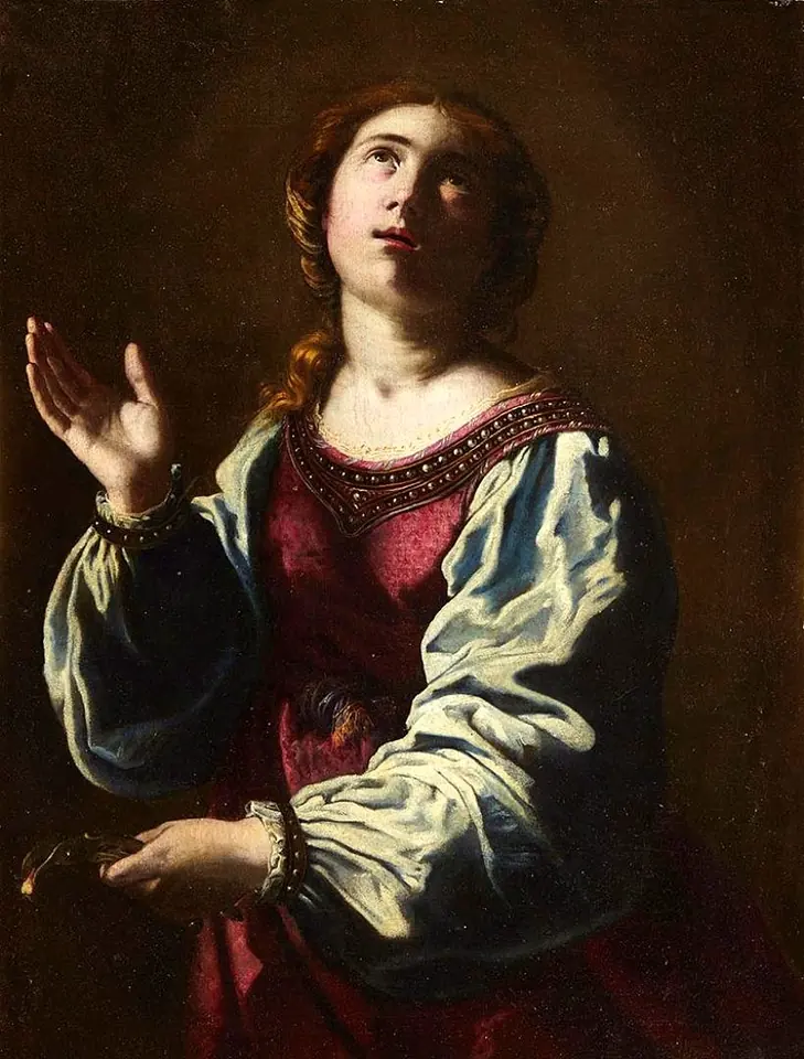 Baroque painting of a young woman in a red dress with full white sleeves, raising one hand and looking upward, holding small pincers with a tooth in her other hand