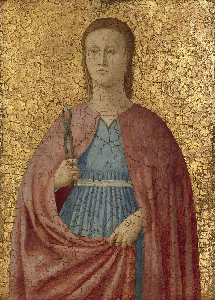 Early Renaissance panel of a solemn young woman with long hair in a red cloak over a blue dress, holding a pair of pincers with a tooth against a cracked gold background