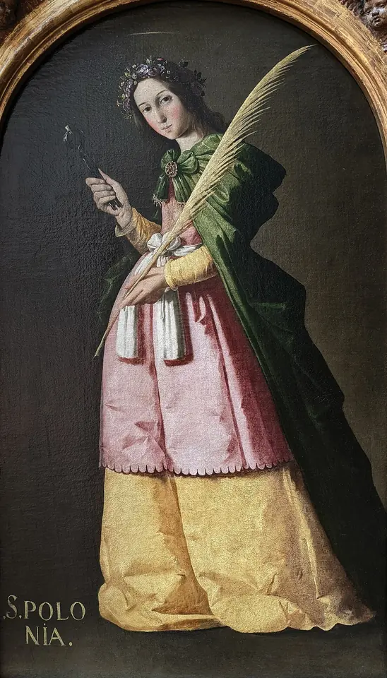 Painting of a young woman in a flowered crown, a pink and yellow dress and a green cloak, holding a martyr's palm and a pair of pincers gripping a tooth, with the words S. Polonia at the bottom