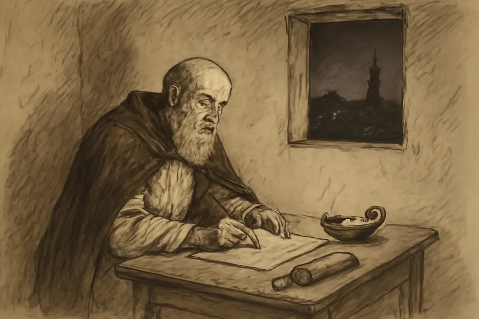 Ink-style illustration of an elderly bishop in plain robes writing a letter on papyrus by lamplight in a simple room in Alexandria