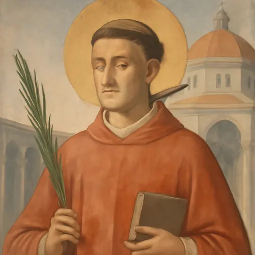 Fresco-style portrait of St. Aquilinus of Milan as a young priest in a red chasuble holding a martyr's palm, a small dagger at his throat, with the dome of a Milan basilica behind him