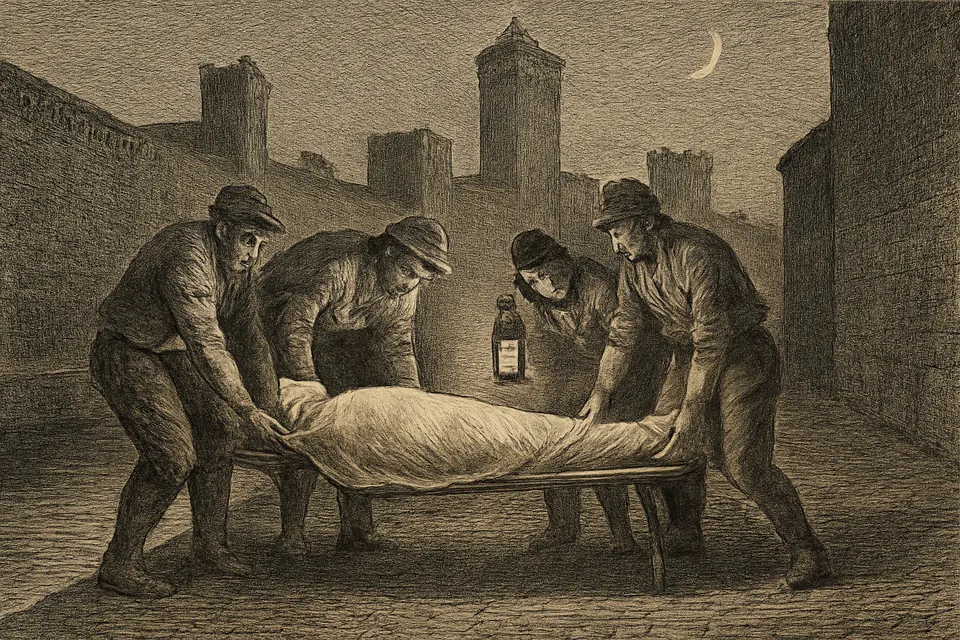 Engraving-style scene of porters at night lifting a body wrapped in a white cloth from the bank of a canal by lantern light