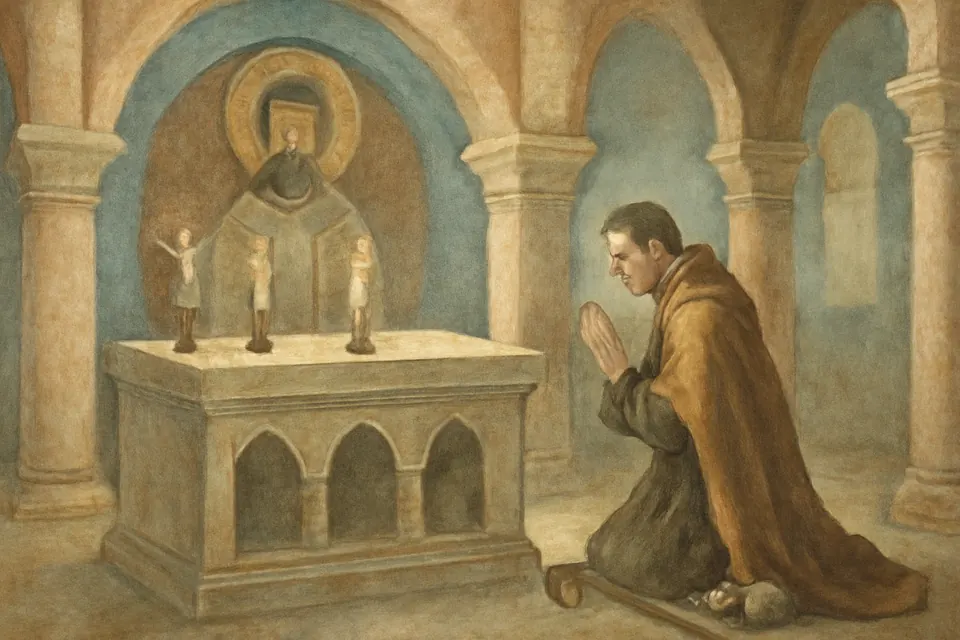 Fresco-style scene of a young priest in a traveling cloak kneeling in prayer before an altar in a Romanesque basilica in Milan