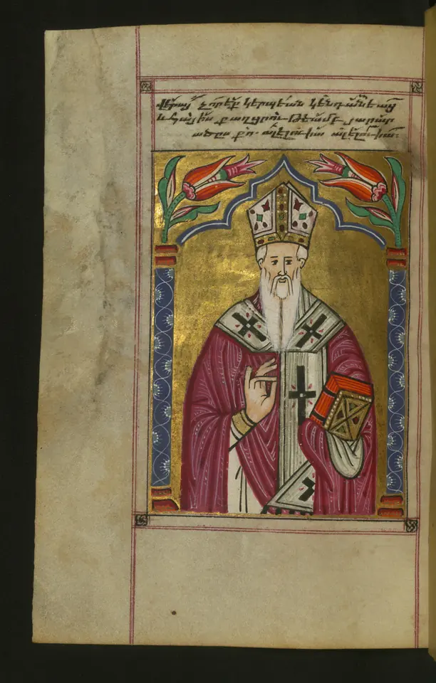 Armenian manuscript painting of St. Gregory the Illuminator as a white-bearded bishop in a red cope and miter, blessing and holding a book, framed by a gold arch with flowers