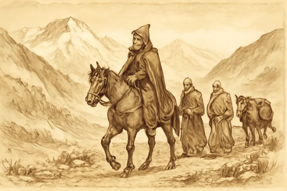 Ink-drawing-style scene of a bearded Armenian bishop and companions traveling on horseback through mountain passes toward the west