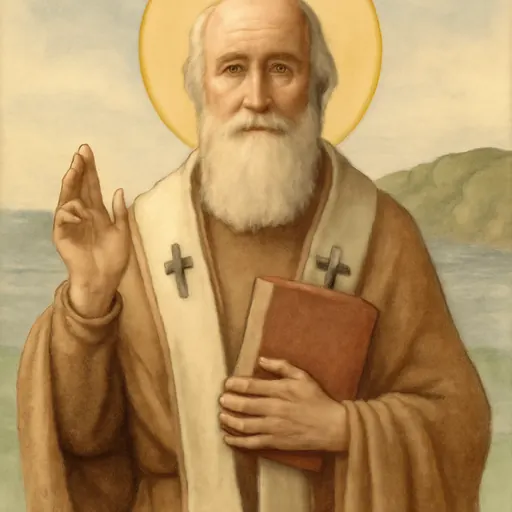 Watercolor-style portrait of St. Aristobulus of Britannia, an elderly bishop with a white beard in a plain robe and white stole with crosses, holding a Gospel book
