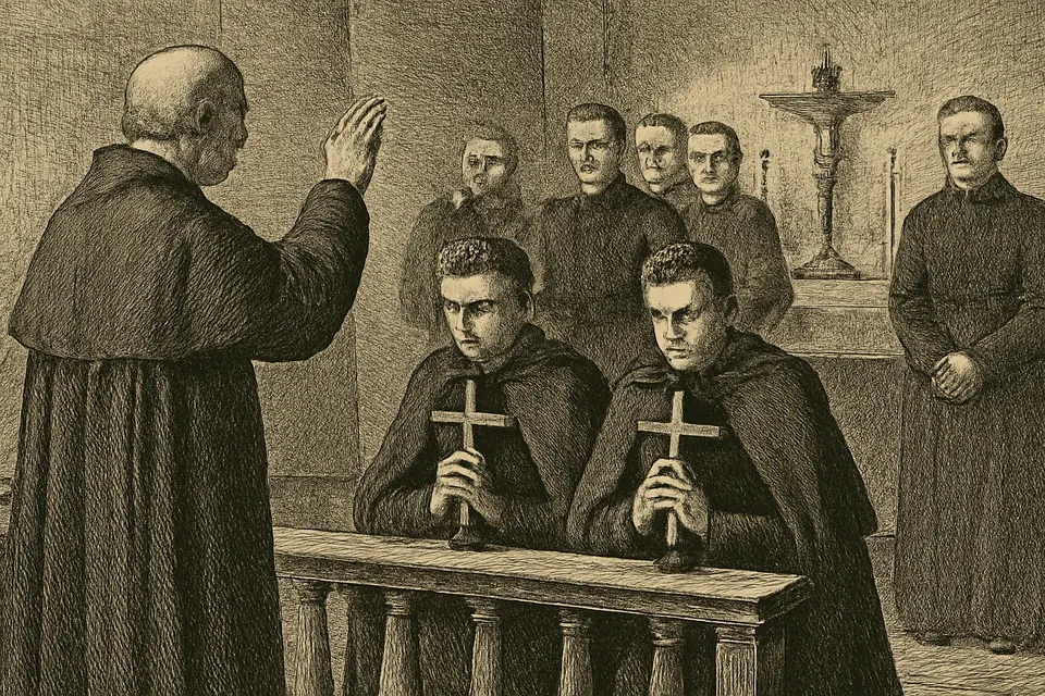 Engraving-style scene of two young priests kneeling at the altar rail of a chapel to receive a blessing before leaving for China in 1879