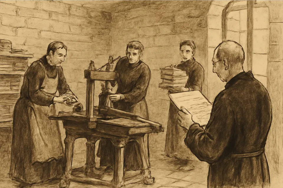 Ink drawing of lay brothers in work aprons running an iron printing press in a workshop at a mission house, with stacks of magazines