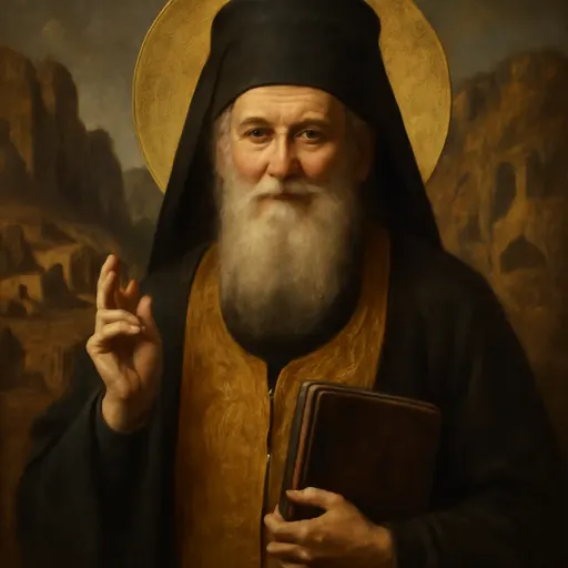 Oil-painting-style portrait of St. Arsenios the Cappadocian as an old, white-bearded Greek priest-monk in a black habit and kalimavkion, holding a Gospel book and blessing
