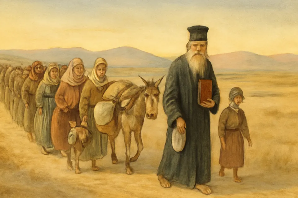 Watercolor-style scene of an old white-bearded priest-monk walking with a long column of Greek villagers and loaded donkeys across a dry Anatolian plain